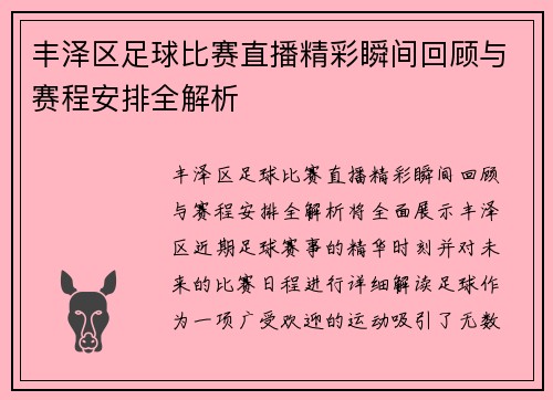 丰泽区足球比赛直播精彩瞬间回顾与赛程安排全解析